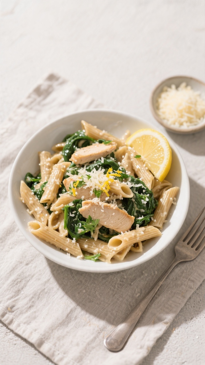 Final plated overhead: Tasty of Healthy Creamy Garlic Parmesan Chicken Pasta twirled into a wide, sh