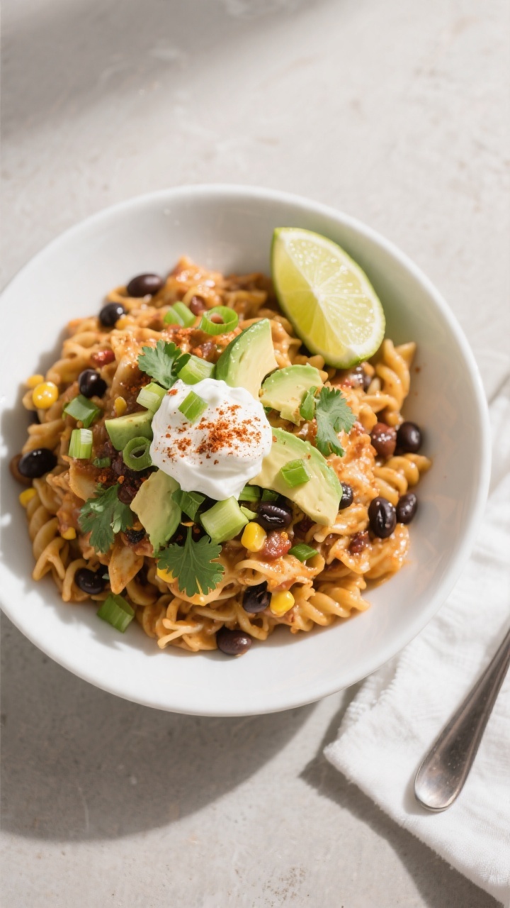 Final plated overhead: Tasty of One Pot Taco Ranch Pasta in a wide, shallow white bowl, heaped and g