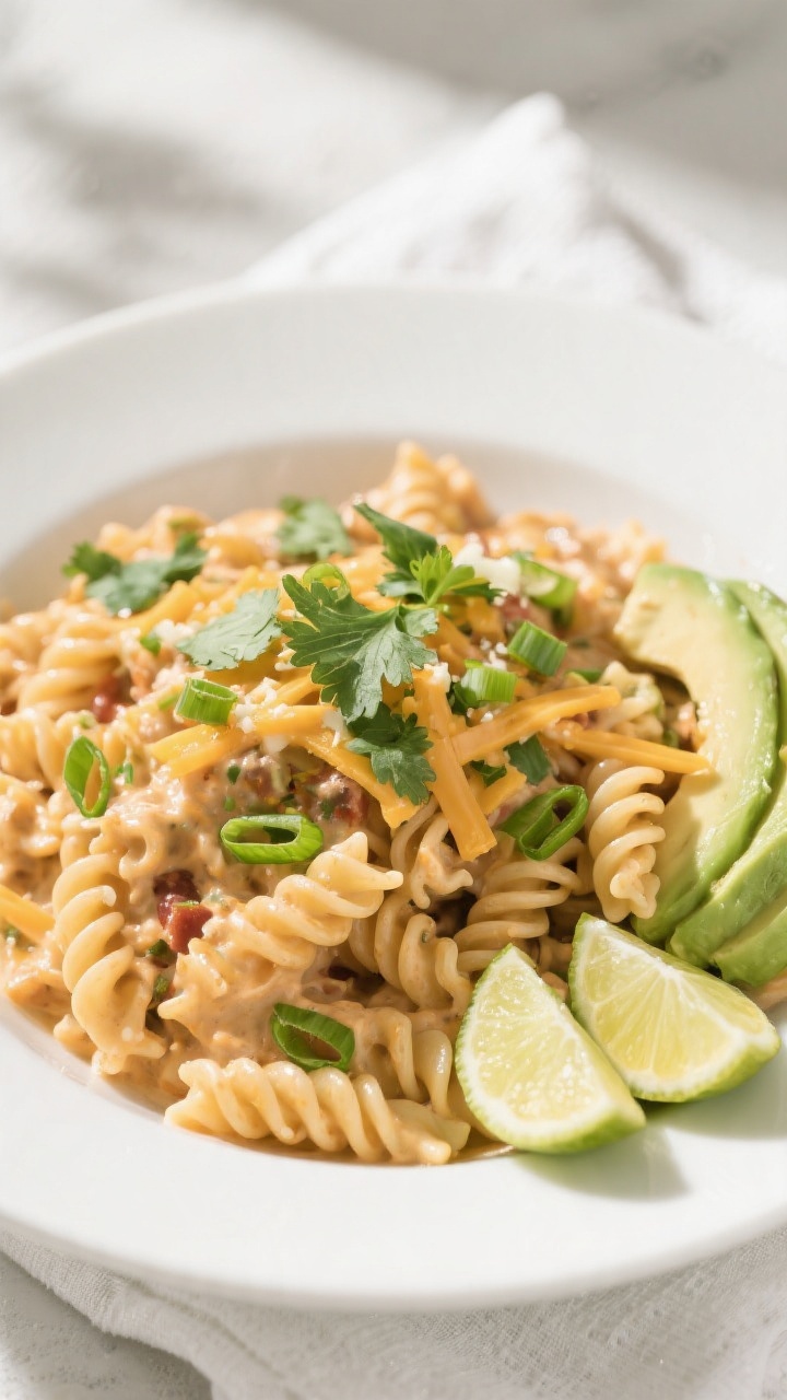 Final plated overhead: Tasty top view of Creamy Taco Ranch Pasta twirled into a wide white bowl, gen