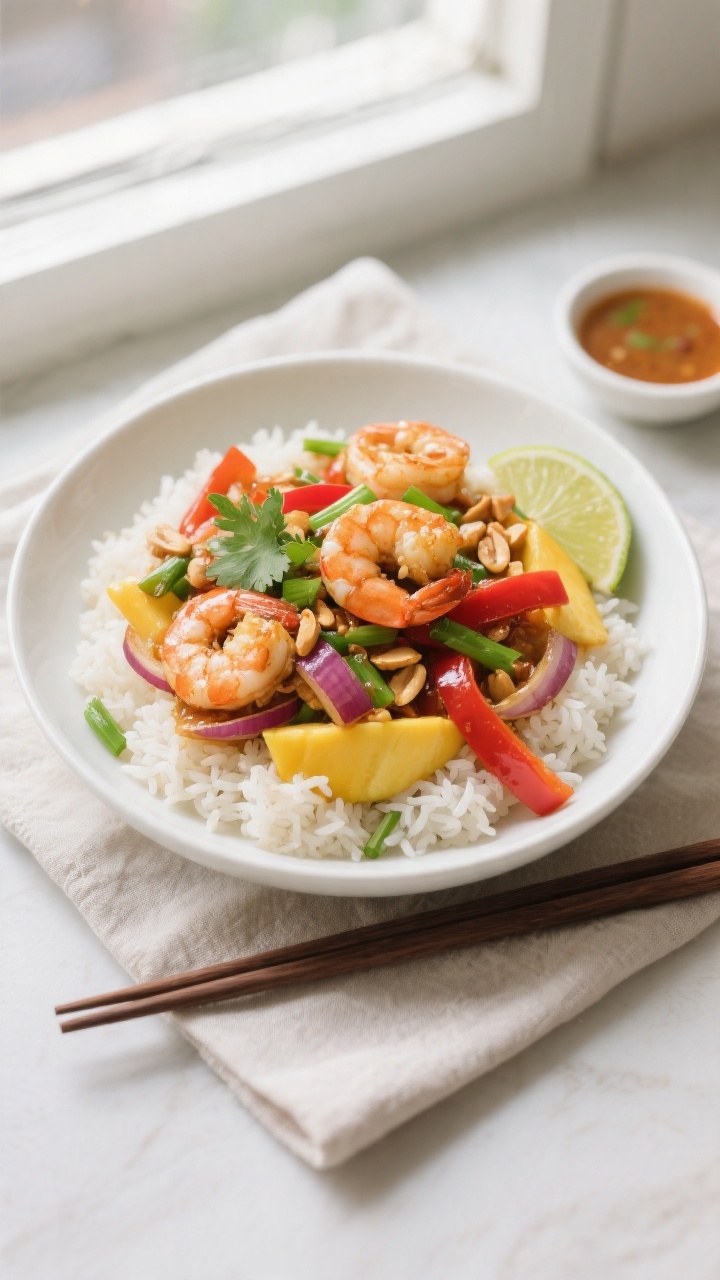 Final plated overhead: Thai Mango Shrimp Stir Fry served over fluffy jasmine rice in a wide, shallow