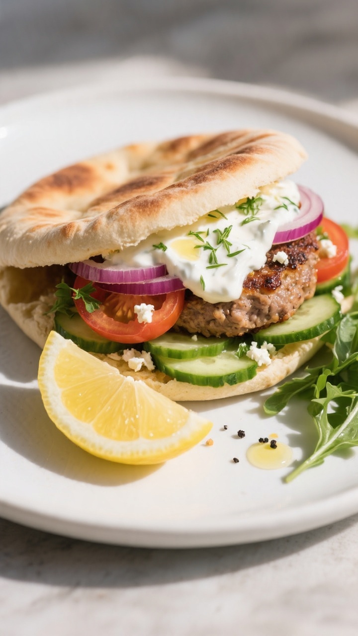 Final plated pita presentation: Warm toasted pita stuffed with a sliced Greek turkey burger, generou