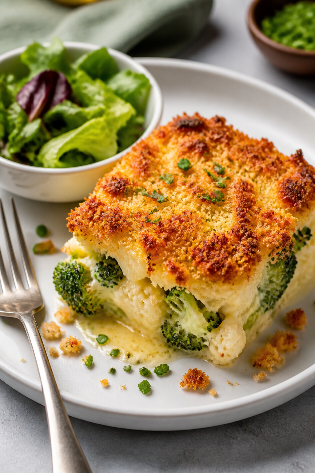 Final plated presentation: a generous square of Cheesy Broccoli Cauliflower Bake served on a white c