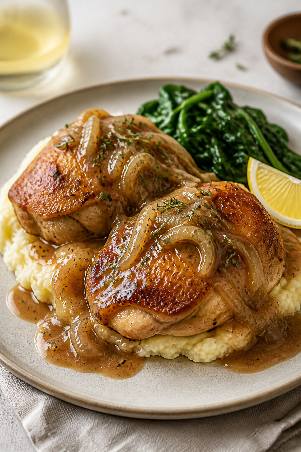 Final plated presentation: a restaurant-quality plate of smothered onion chicken thighs over buttery
