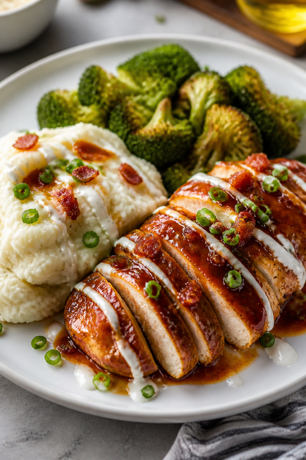 Final plated presentation: a sliced, juicy chicken breast from the bake fanned on a matte white dinn