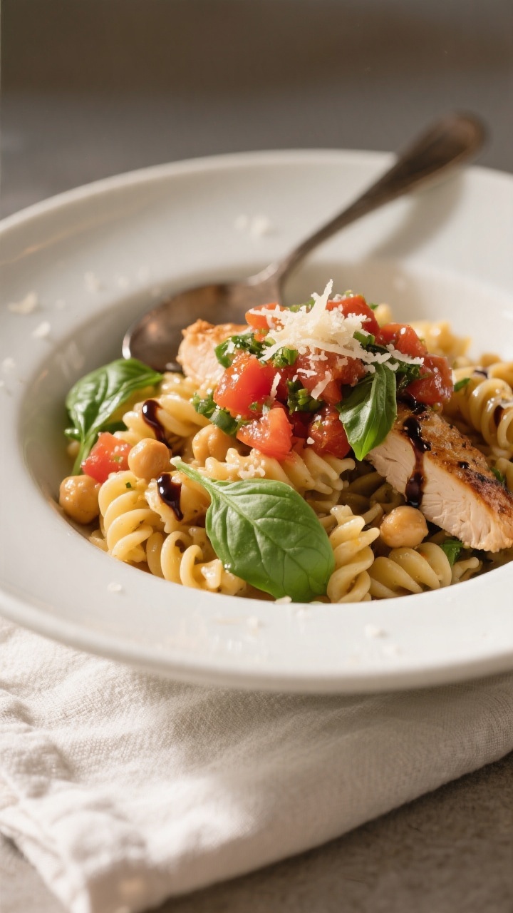 Final plated presentation, : Beautifully plated bowl of Healthy Bruschetta Chicken Pasta—al dente 