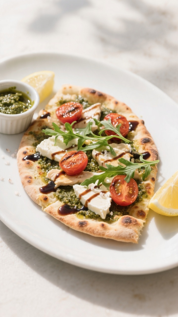 Final plated presentation: Beautifully plated Chicken Pesto Flatbread (Caprese variation) on a matte