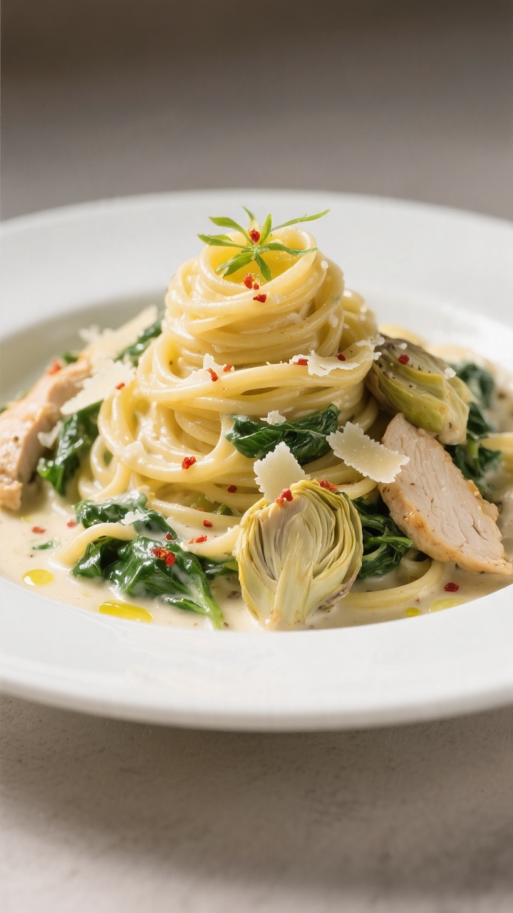 Final plated presentation, close-up: Beautifully plated Creamy Spinach Artichoke Chicken Pasta twirl