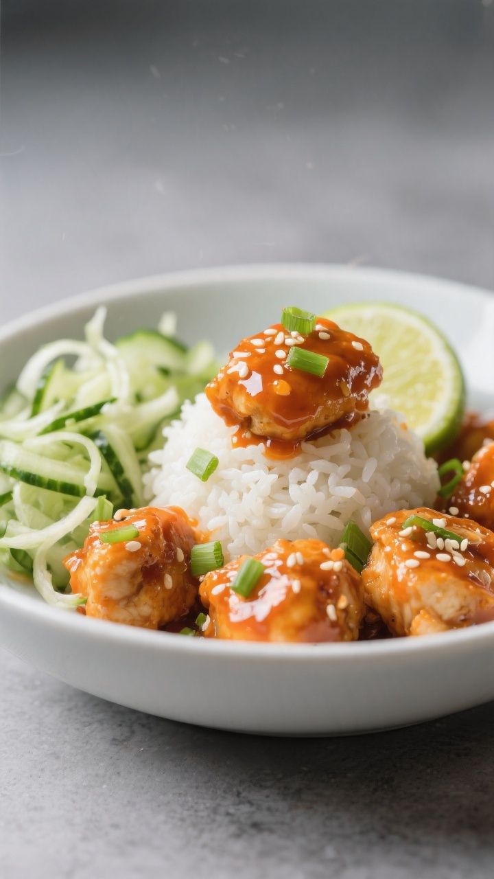 Final plated presentation: Restaurant-quality bowl of sauced Bang Bang chicken bites over jasmine ri