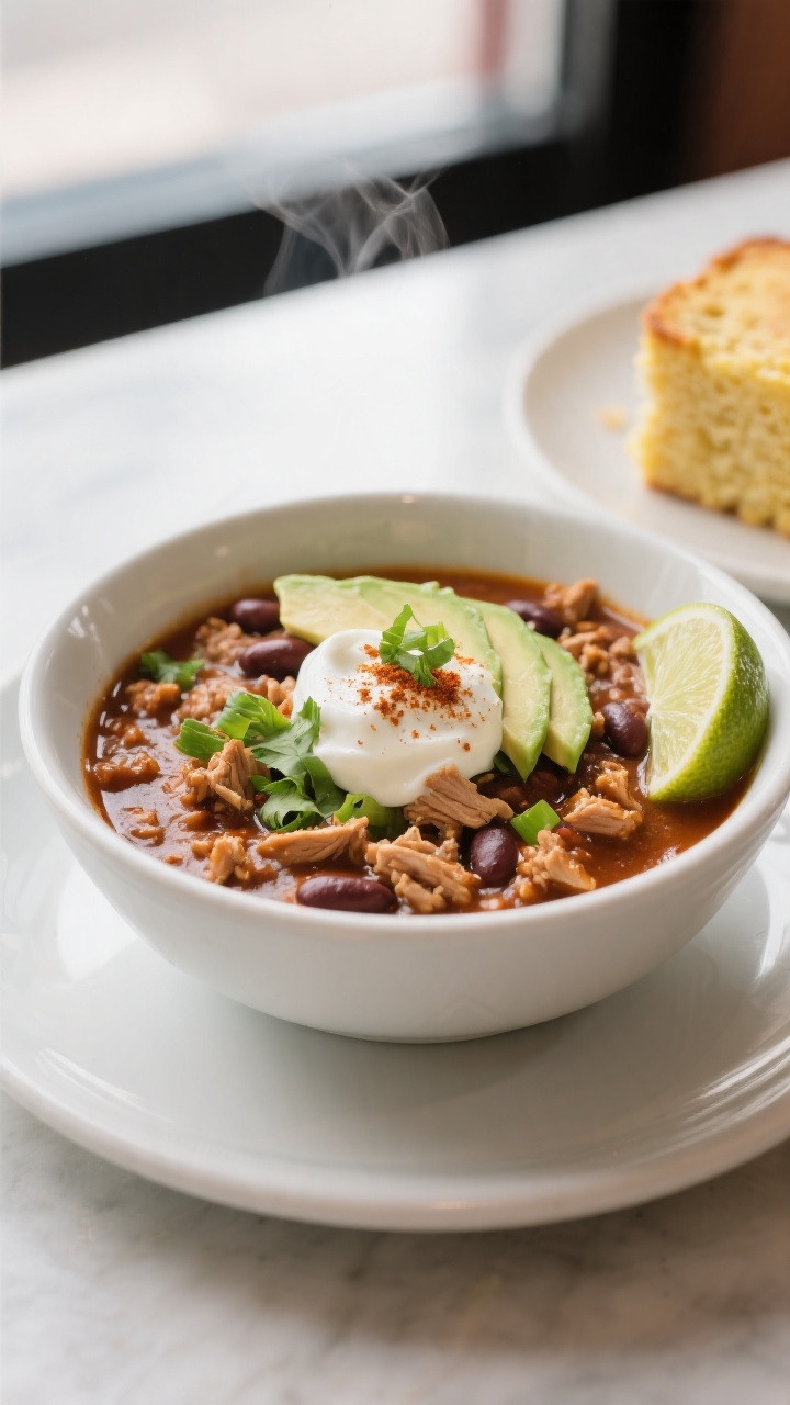 Final plated presentation: Restaurant-quality bowl of turkey chili served in a wide, white ceramic b