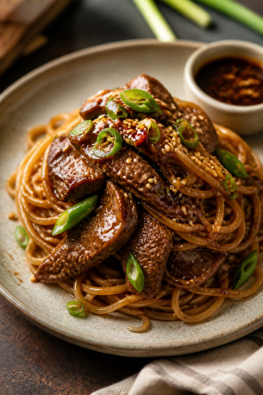 Final plated presentation: Restaurant-quality bowl of hoisin garlic beef noodles twirled into a high