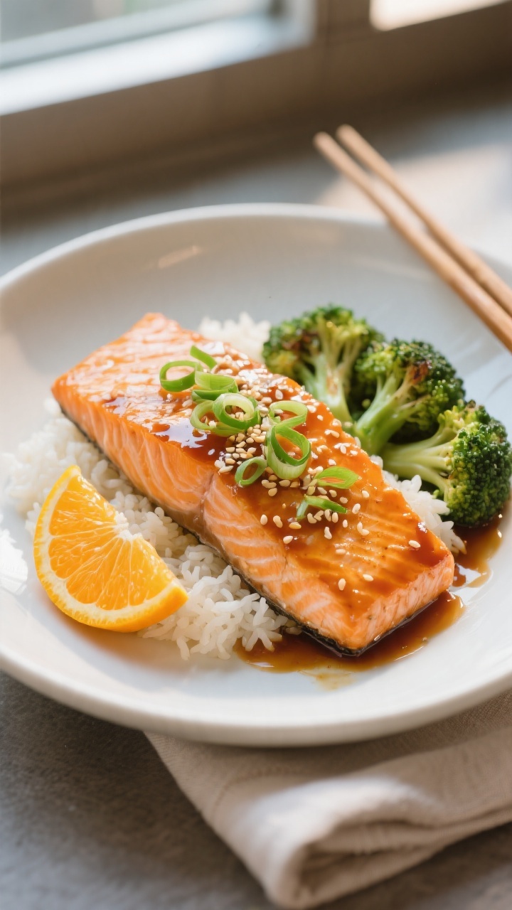 Final plated presentation: Restaurant-quality plate of Orange Glazed Salmon set on a matte white sha