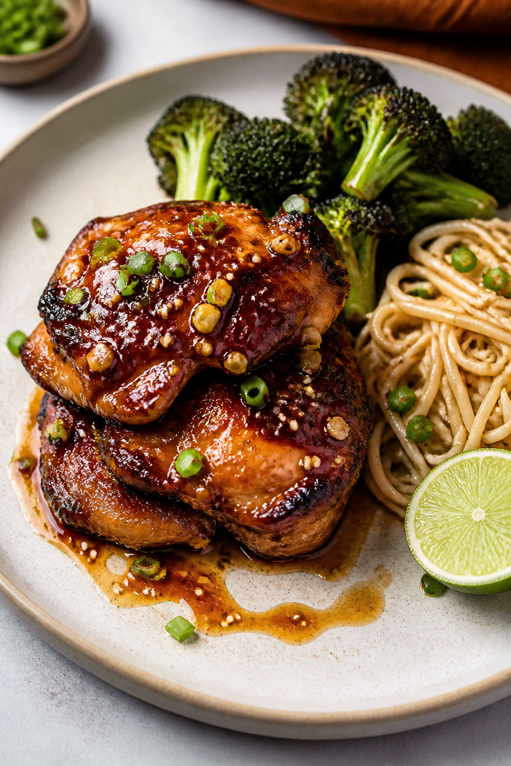 Final plated presentation: Restaurant-quality plate of sticky honey garlic chicken thighs stacked ne