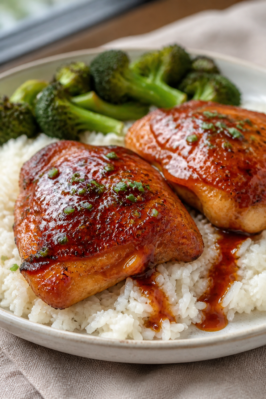 Final plated presentation: Restaurant-quality plate of two brown sugar garlic chicken thighs served