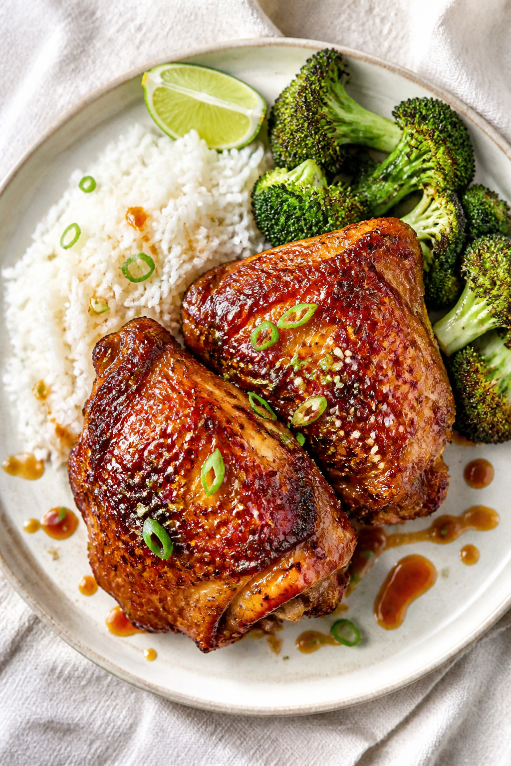 Final plated presentation: Restaurant-quality plate of Crispy Honey Sriracha Chicken Thighs served w