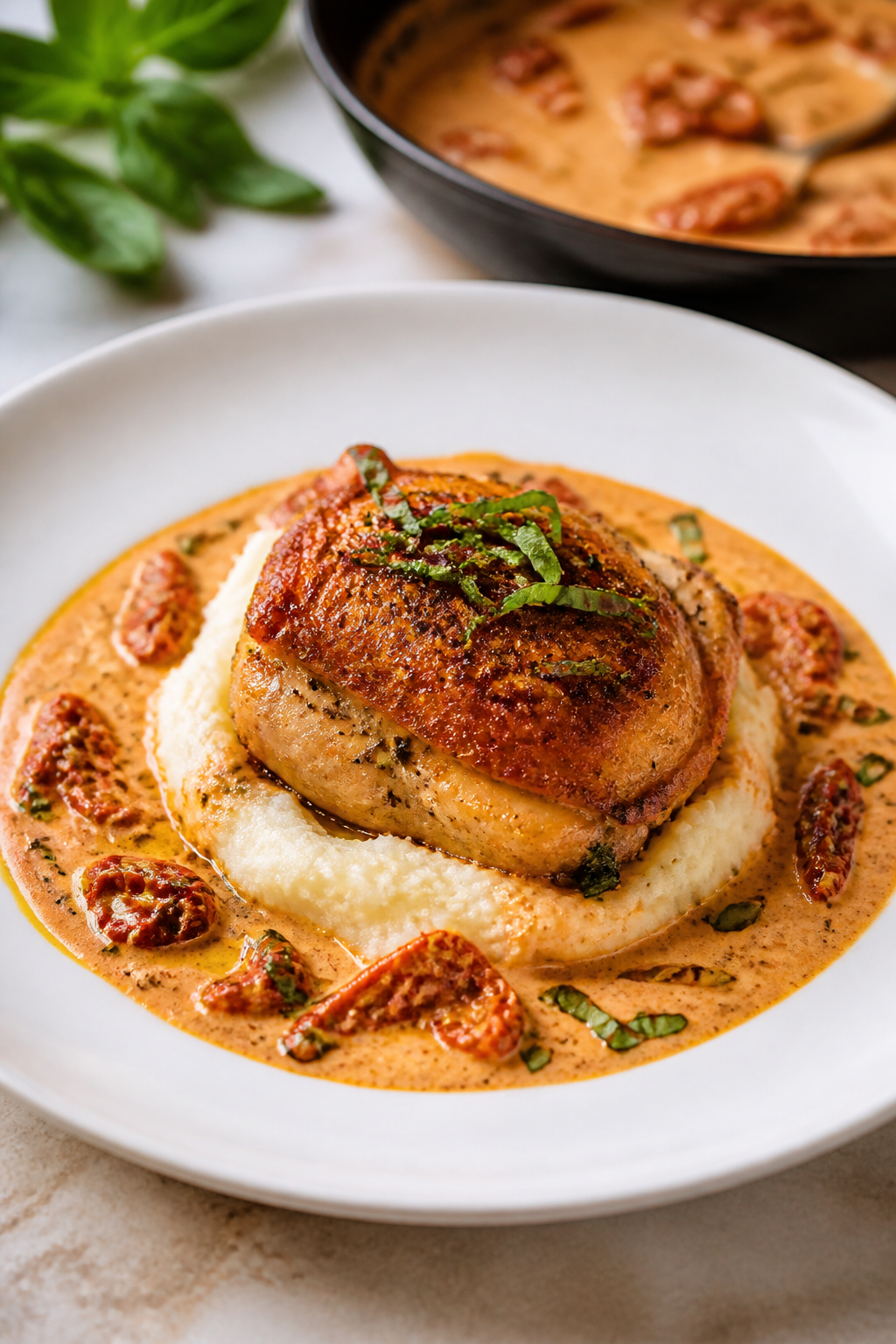 Final plated presentation: Restaurant-quality plate-up of one chicken thigh atop creamy mashed potat