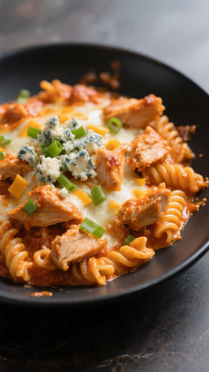 Final plated presentation: Restaurant-quality plate of the high-protein buffalo chicken pasta bake s