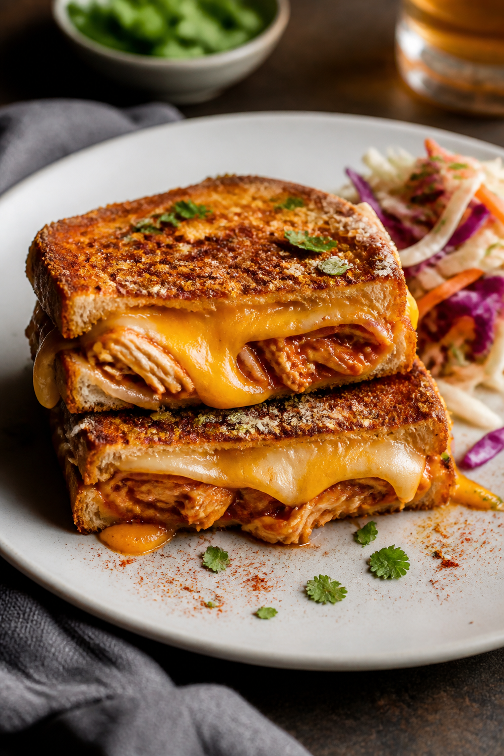 Final plated presentation: Restaurant-quality plating of a BBQ Chicken Grilled Cheese Melt stacked o