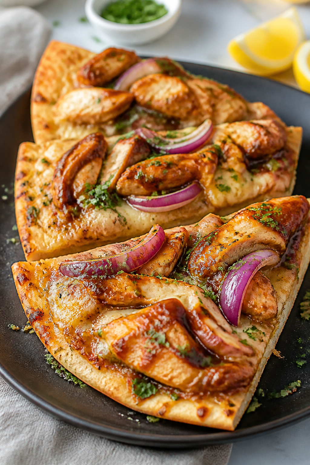 Final plated presentation: sliced wedges of BBQ Chicken Garlic Parmesan Flatbread stacked slightly o
