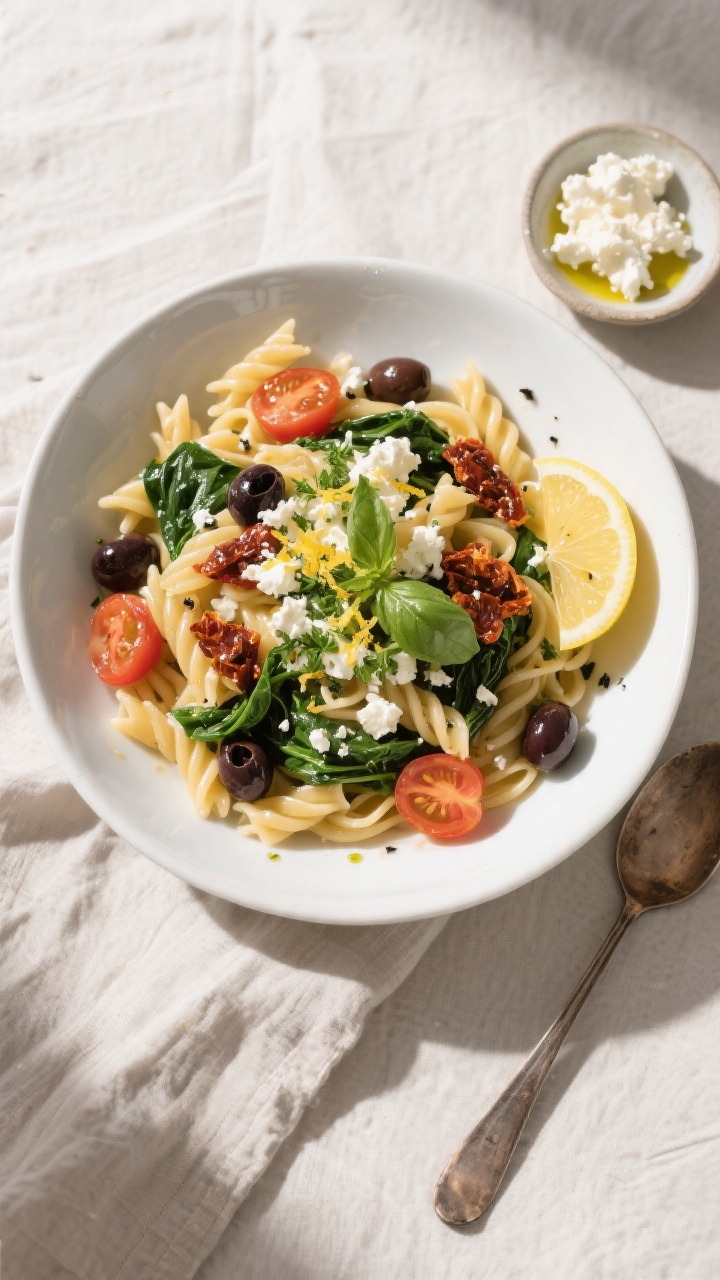 Final plated presentation, top-down: Beautifully plated One Pan Mediterranean Pasta in a wide, white