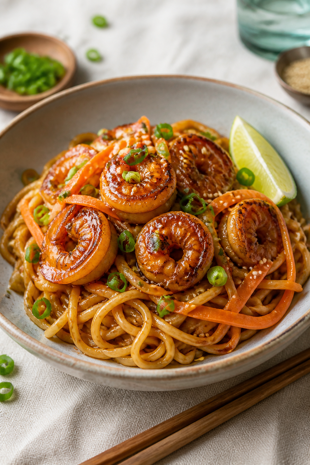 Final plated, restaurant-quality presentation: Beautifully plated bowl of Sticky Honey Garlic Shrimp