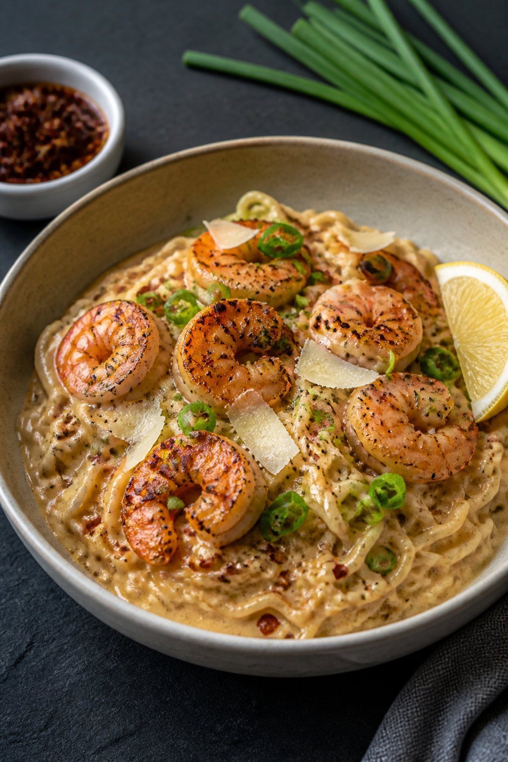 Final plated, restaurant-quality presentation: Elegant bowl of Honey Soy Garlic Ramen Alfredo with a