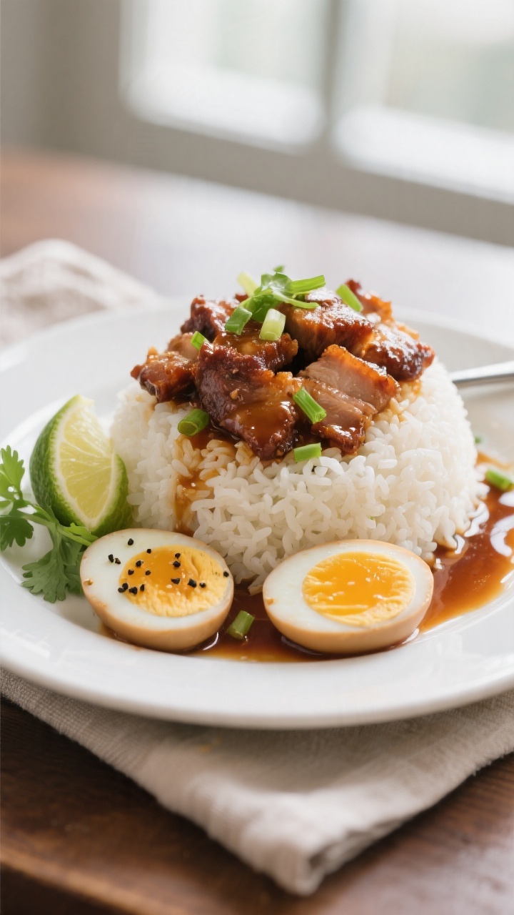 Final plated restaurant-quality presentation: Vietnamese Caramelized Pork spooned over a neat mound 