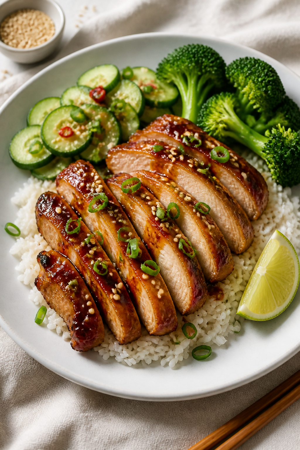 Final plated restaurant-style presentation: sweet chili chicken thighs sliced to show juicy interior