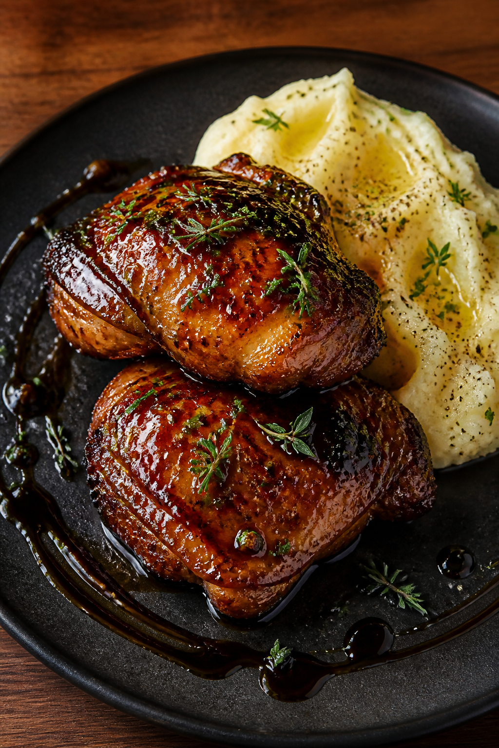 Final plated restaurant-style presentation: Two glazed chicken thighs stacked slightly, glossy balsa