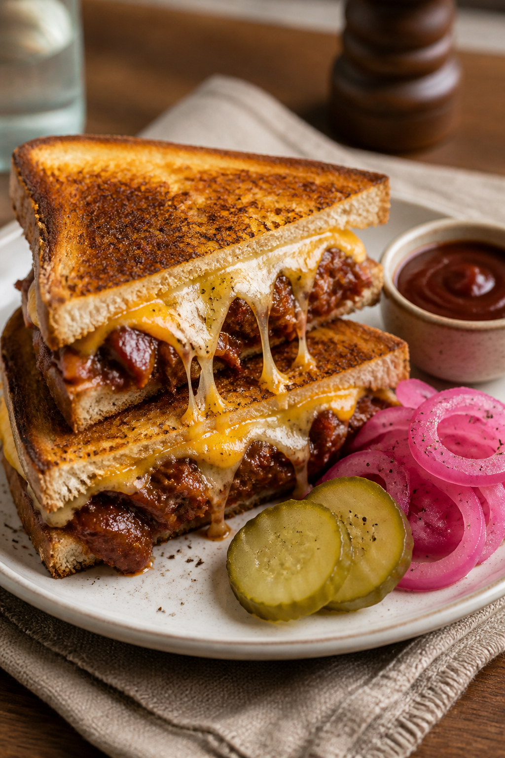 Final plated sandwich portrait: Diagonal-cut BBQ brisket grilled cheese stacked halves on a white ce
