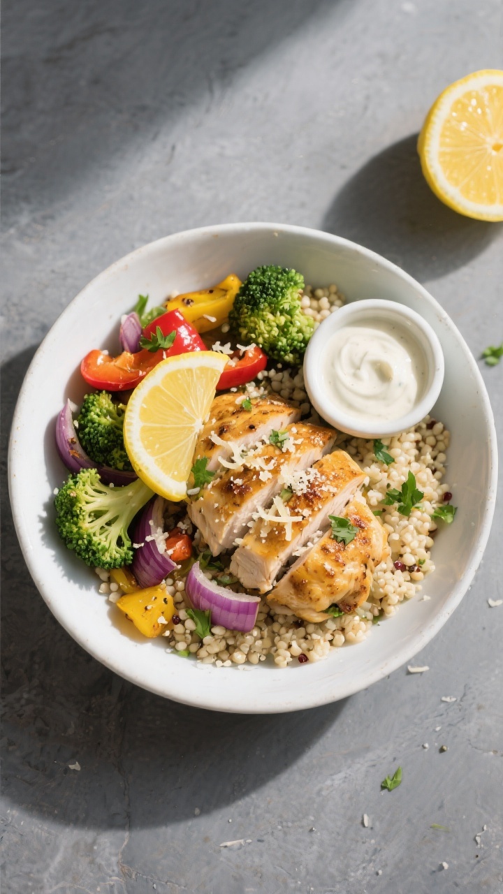 Final plated, tasty top view: Overhead shot of a composed dinner bowl—garlic Parmesan chicken and 