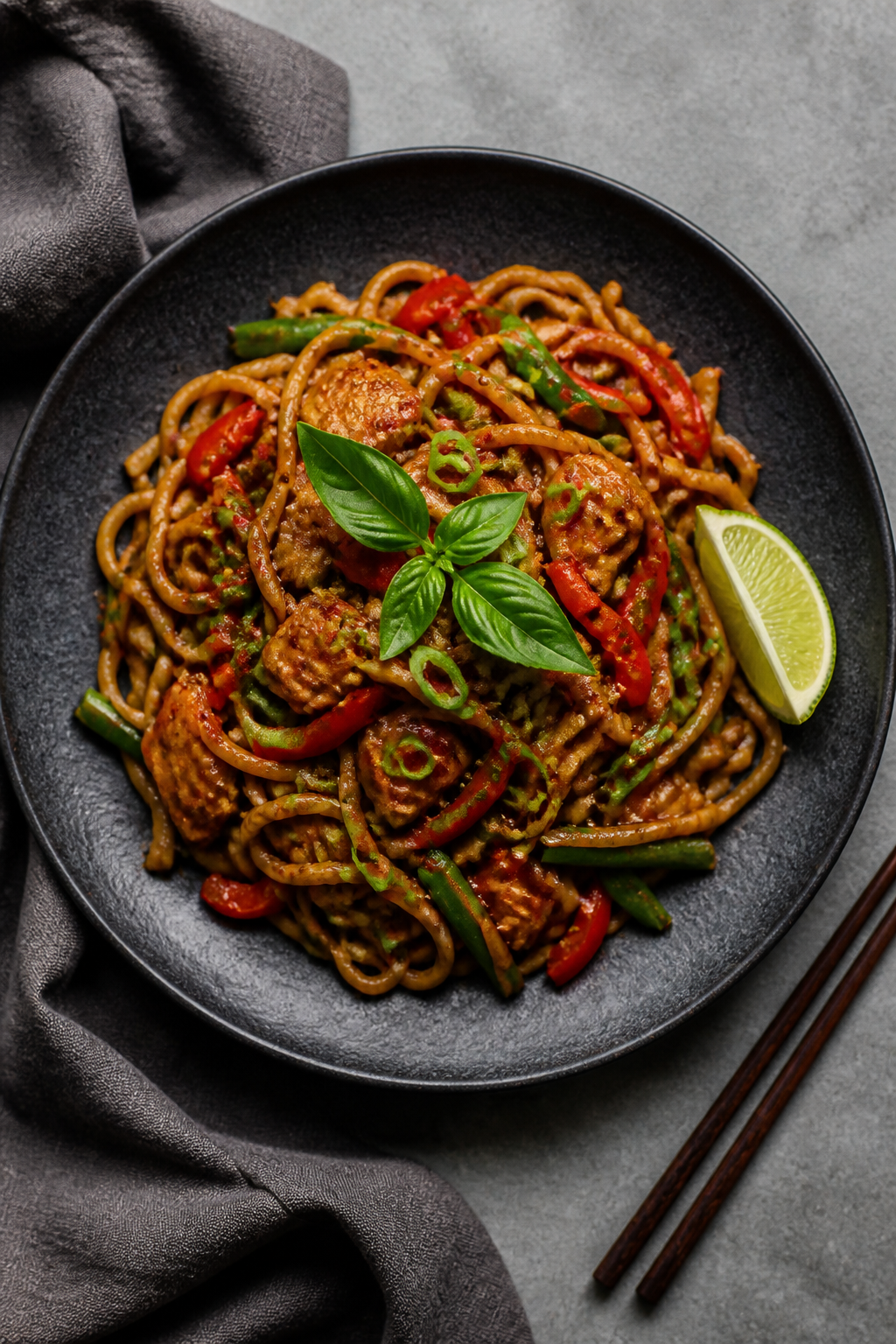 Final plated, tasty top view: Overhead shot of Spicy Thai Basil Chicken Noodles twirled into a gener