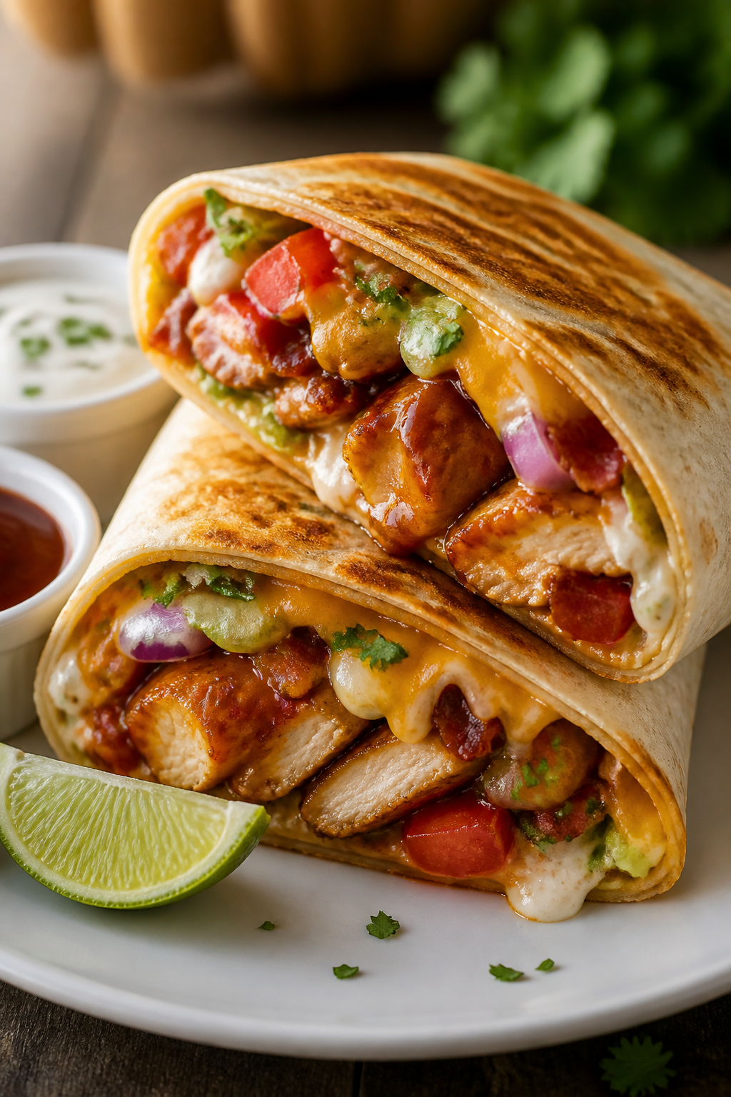 Final plated, toasted wrap: Close-up of a toasted BBQ Ranch Chicken Bacon Wrap sliced on a diagonal,