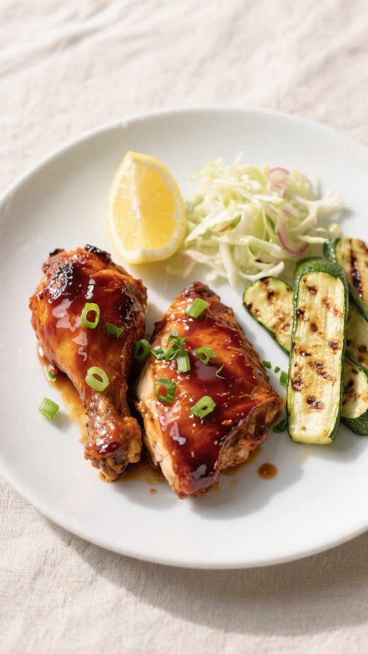 Final plated top view: Overhead shot of a balanced plate—two glossy BBQ chicken pieces (one thigh,