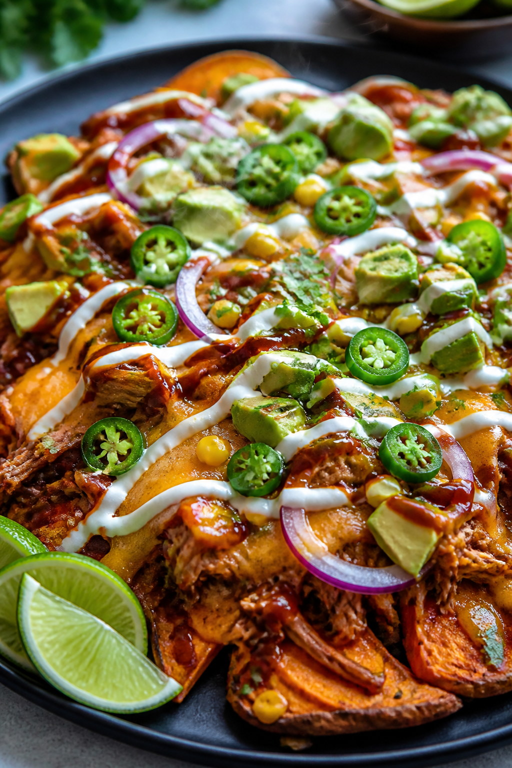 Final platter beauty shot: Restaurant-quality presentation of BBQ Pulled Pork Sweet Potato Nachos on