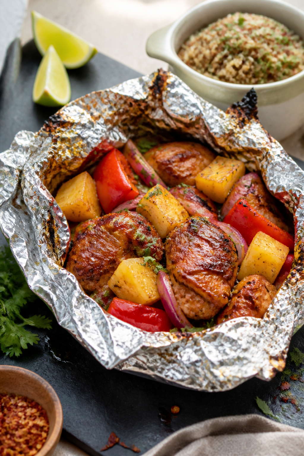 Final presentation hero: Restaurant-quality plate-up of BBQ Chicken & Pineapple Foil Packets served 