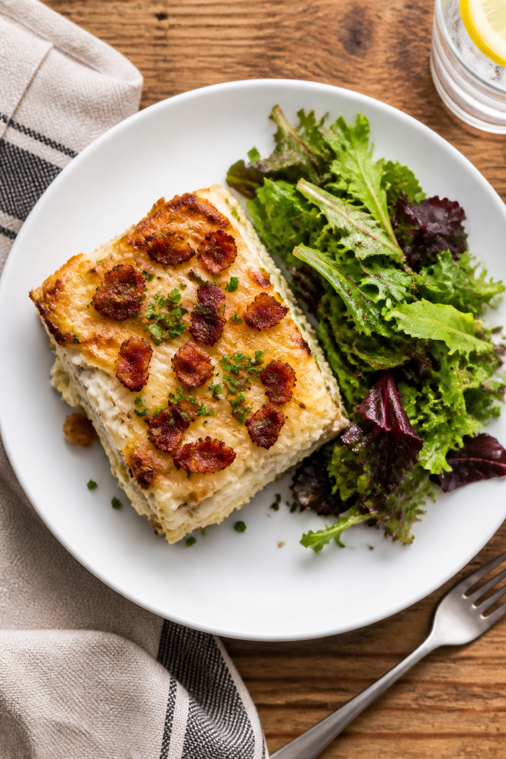 Final presentation, overhead: A tidy square serving of Creamy Ranch Cauliflower Chicken Casserole pl