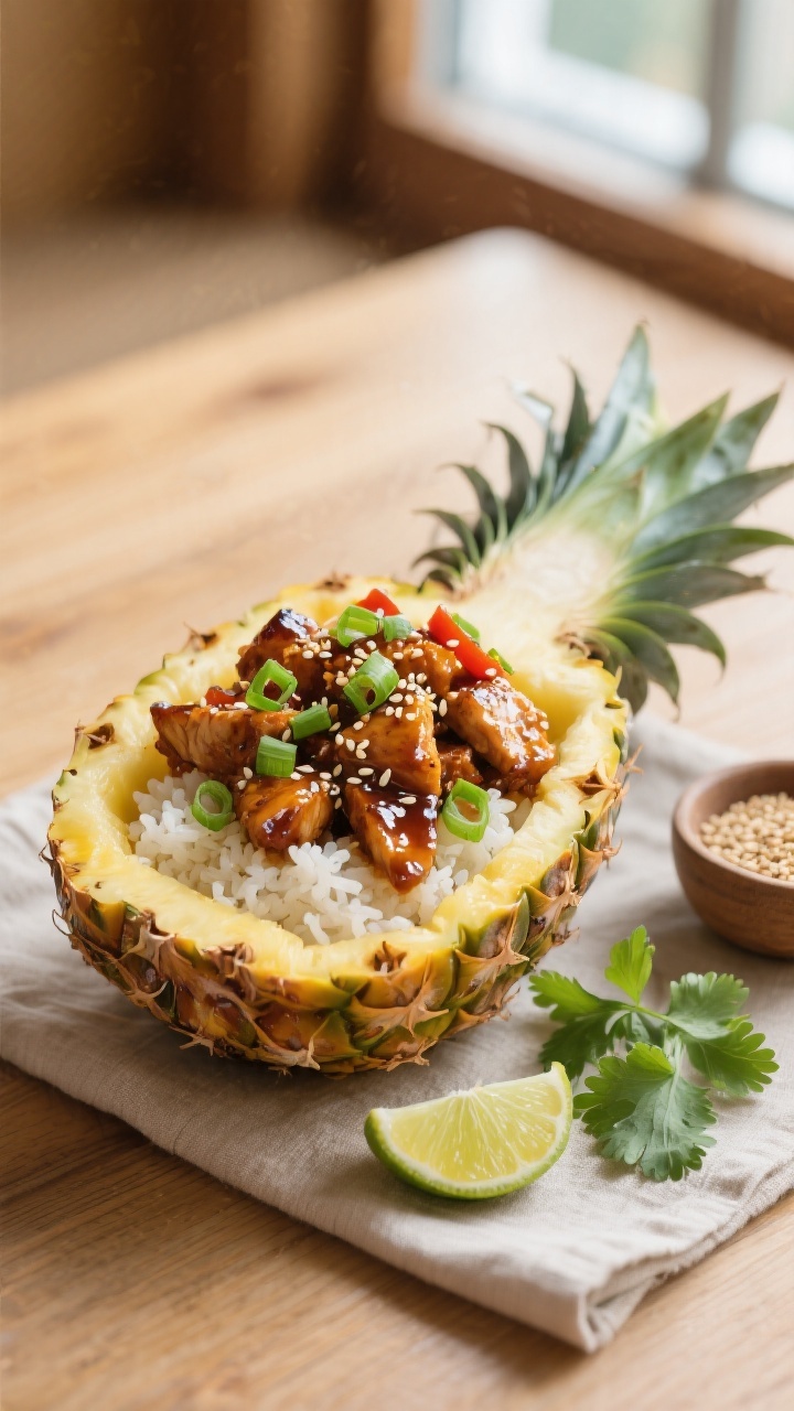 Final presentation, pineapple bowl hero shot: Teriyaki Chicken Pineapple Bowl served in a halved pin