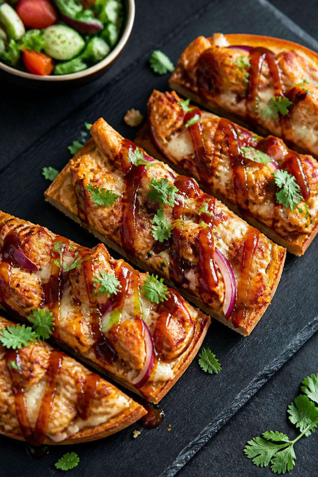 Final presentation: Restaurant-quality plated slices of BBQ Chicken French Bread Pizza on a dark sla