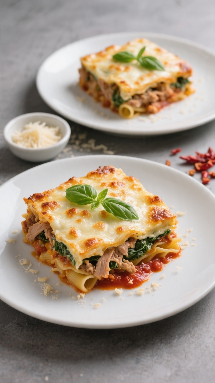 Final presentation: Restaurant-quality top-down image of the finished pasta bake served as neat squa