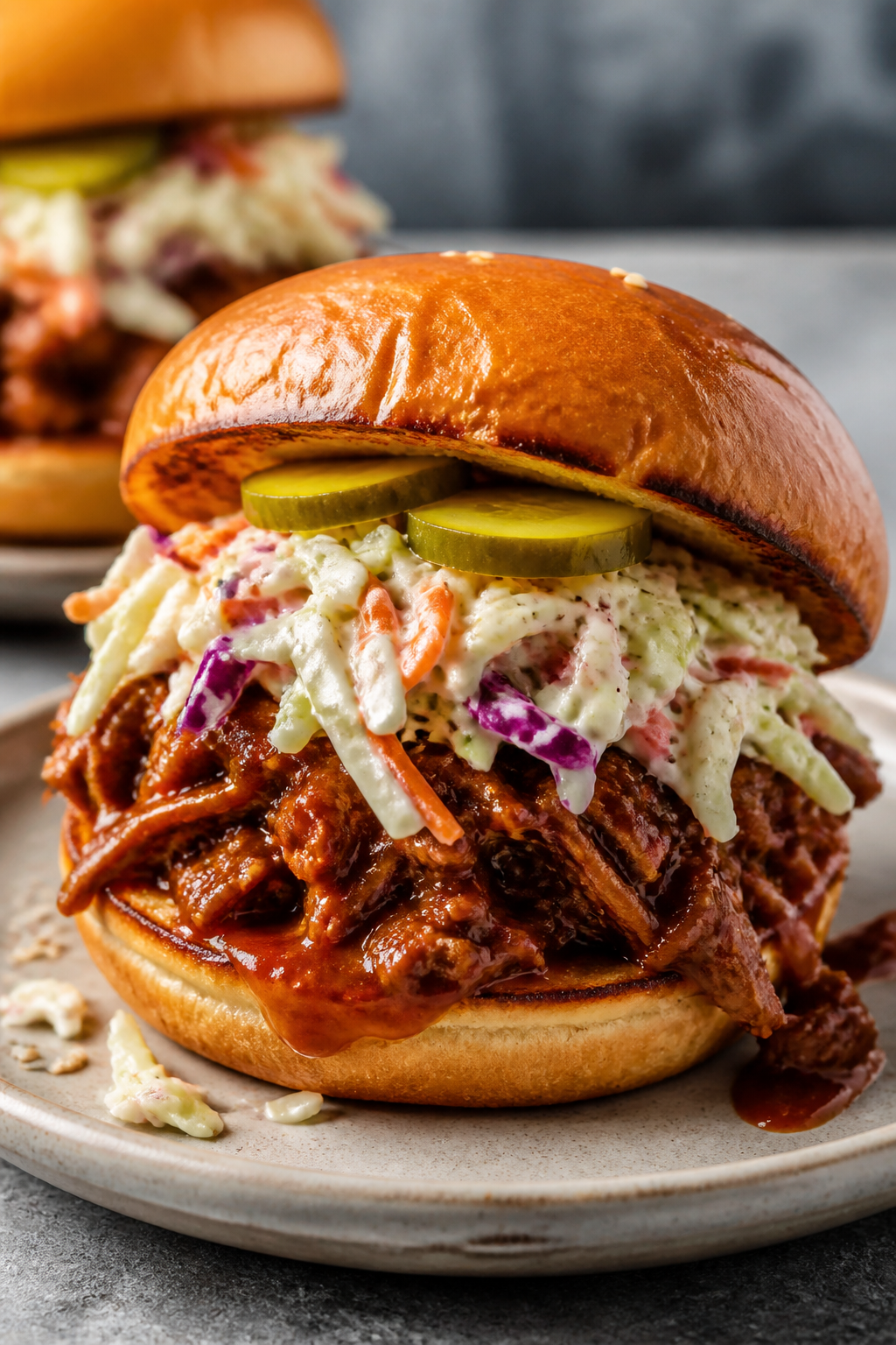 Final sandwich beauty shot: Slow Cooker BBQ Beef Sandwich piled high on a toasted brioche bun, gener