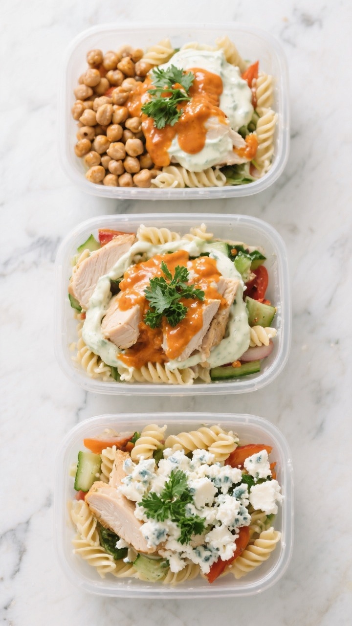 Meal-prep focus, plated presentation: Overhead shot of three clear meal prep containers neatly fille
