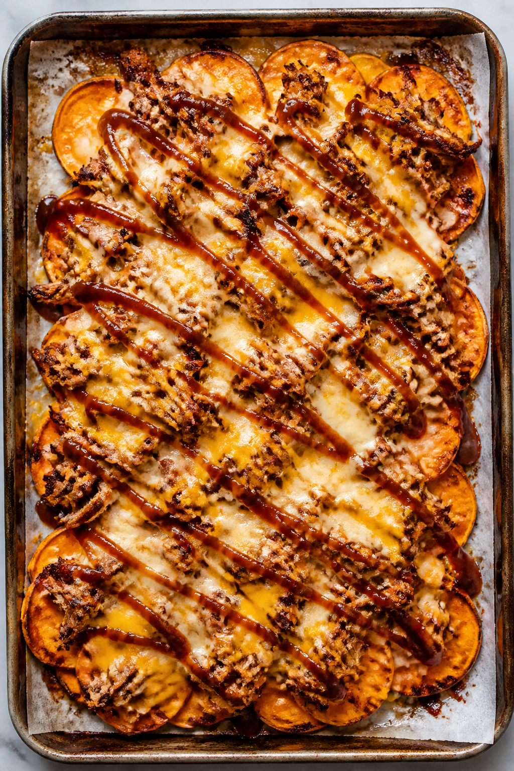 Melty layered build: Overhead shot of assembled BBQ pulled pork sweet potato nachos on a sheet pan a