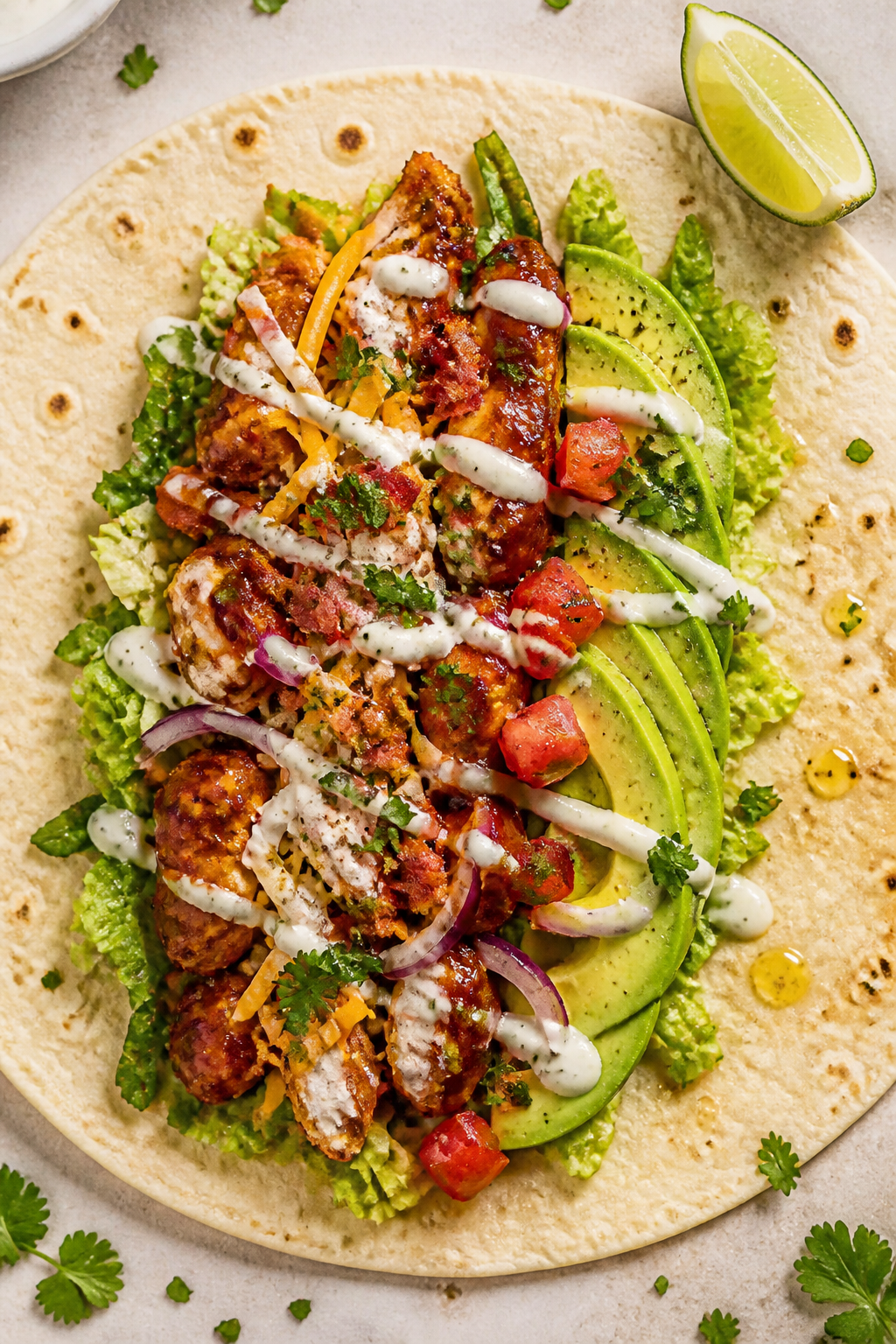 Overhead assembly shot: of an open, warmed burrito-size flour tortilla on a neutral board, mid-assem