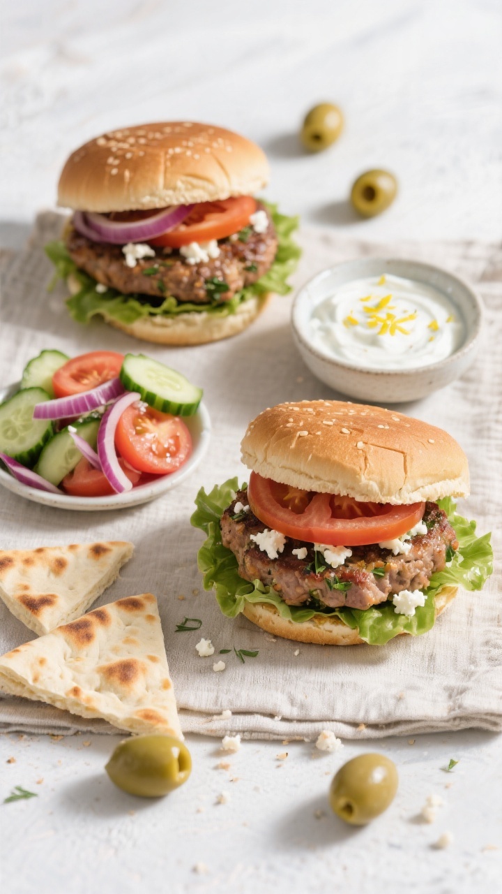 Overhead “build-your-own” spread: Top-down shot of assembled Greek turkey burgers on whole-wheat