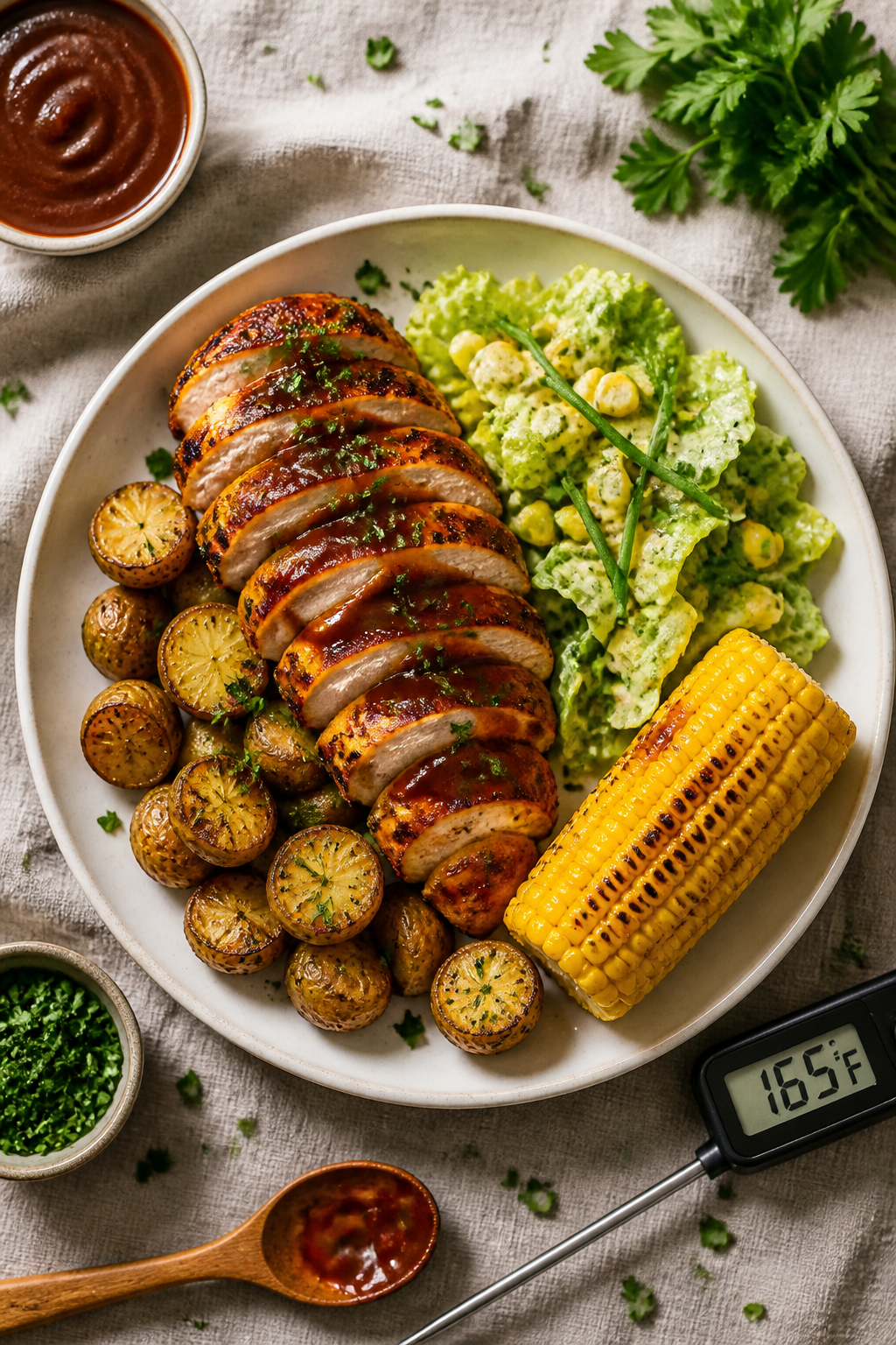 Overhead final plate: sliced BBQ ranch chicken breast fanned over roasted baby potatoes and a crisp 