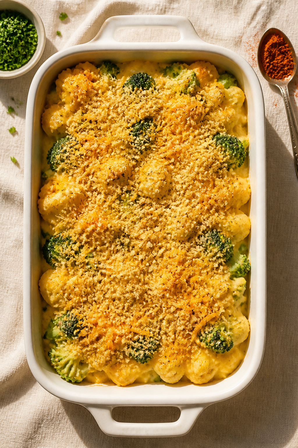 Overhead shot of the assembled casserole in a 9x13 dish during the “combine” step: par-cooked br