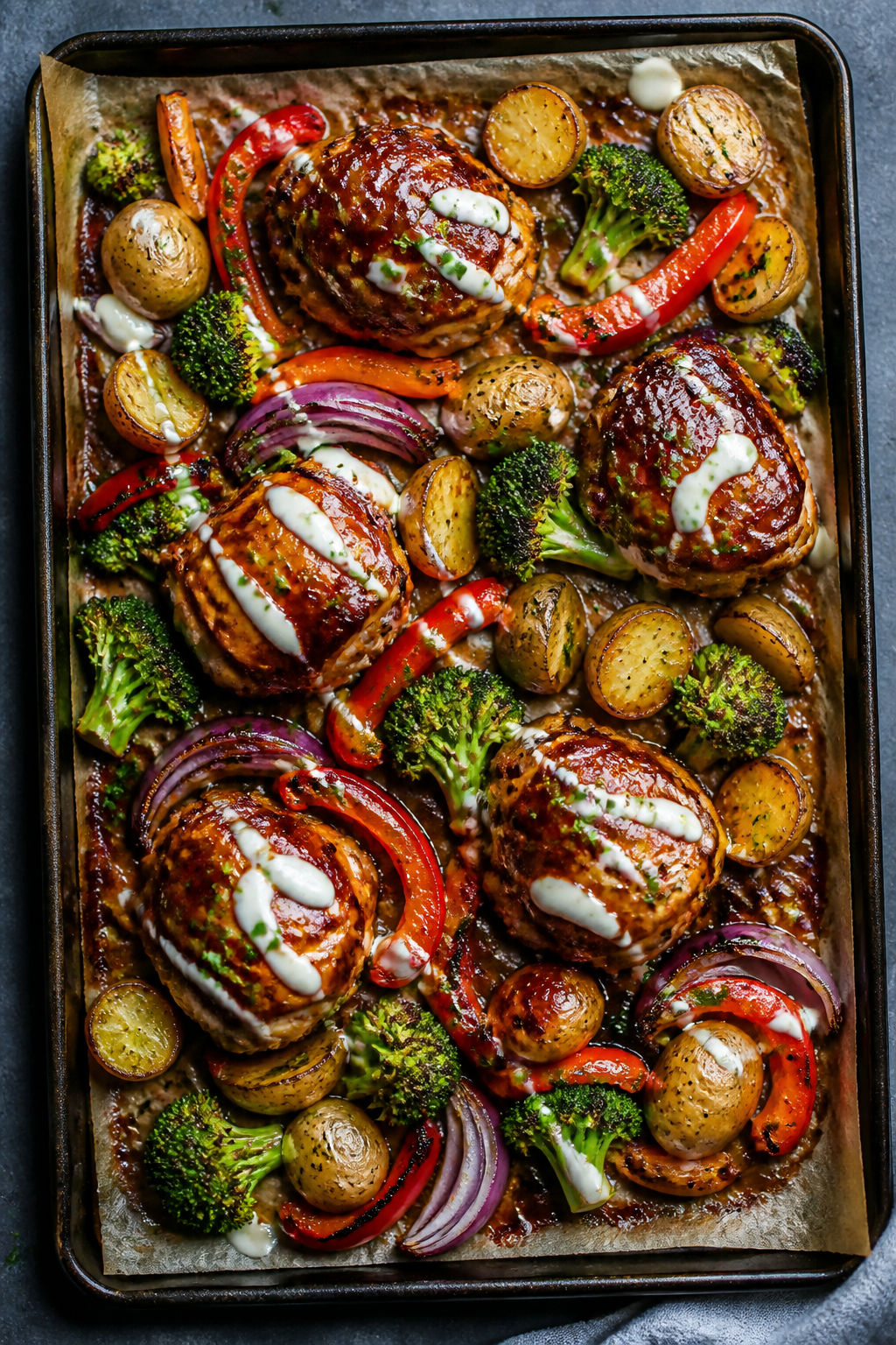 Overhead shot of the BBQ Ranch Chicken Sheet Pan right out of the oven: caramelized chicken thighs l