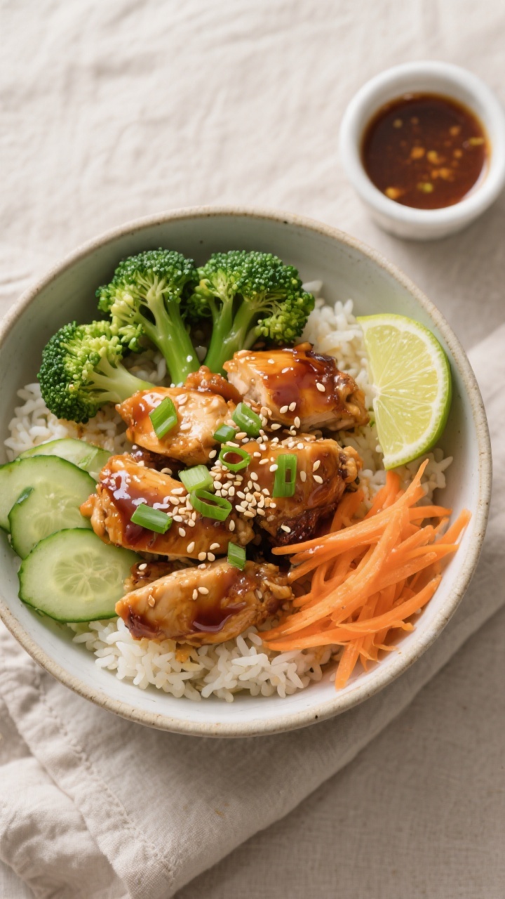 Overhead “tasty top view” bowl: Complete Honey Garlic Chicken Bowl arranged on warm jasmine rice