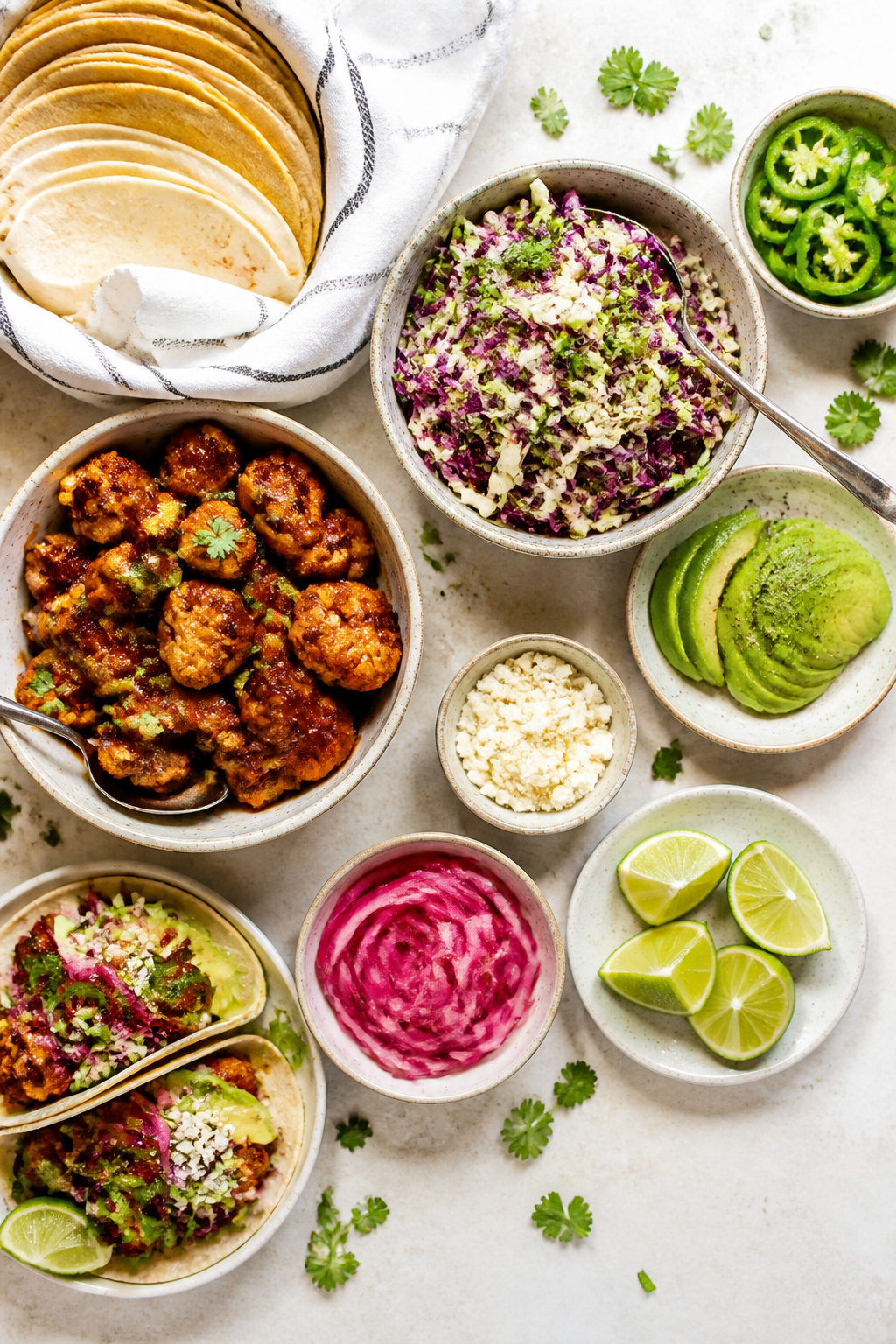 Overhead “tasty top view”: Build-your-own BBQ cauliflower taco spread — warm corn and flour to