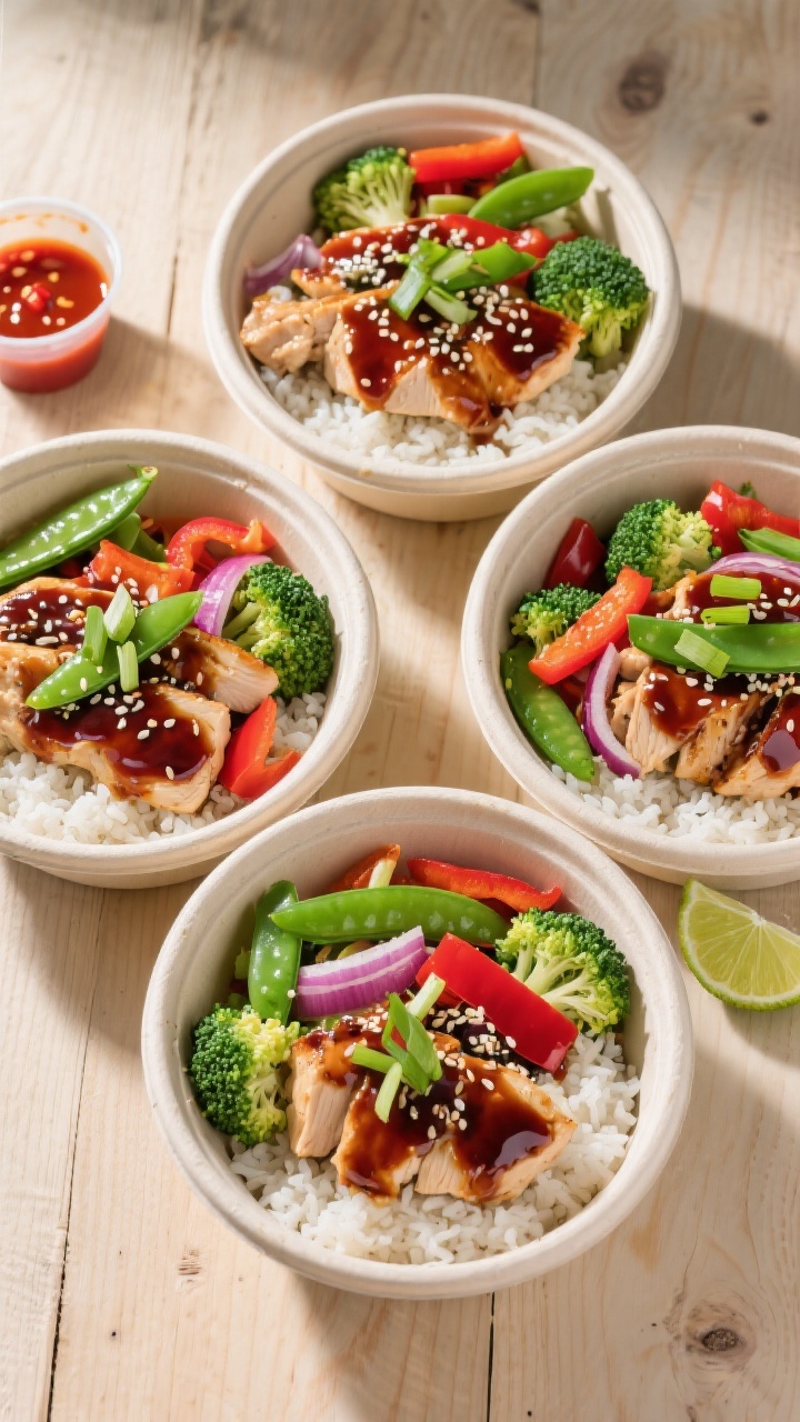 Overhead tasty top view: Build-your-own bowl moment—top-down shot of four meal-prep containers fil